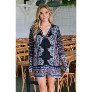 New Free People Meadow Mod Mini Shift Dress $148 MEDIUM Boho Blue